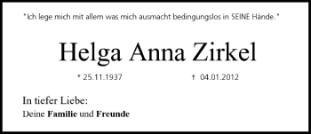 Anzeige von Helga Anna Zirkel von MGO