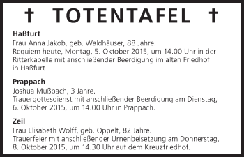 Anzeige von Totentafel vom 05.10.2015 von MGO