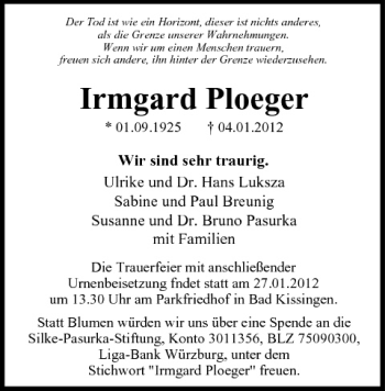 Anzeige von Irmgard Ploeger von MGO