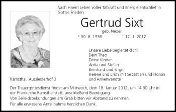 Anzeige von Gertrud Sixt von MGO