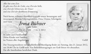 Anzeige von Irma Bühner von MGO
