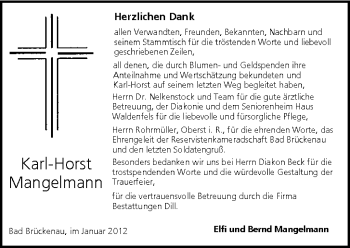 Anzeige von Karl-Horst Mangelmann von MGO