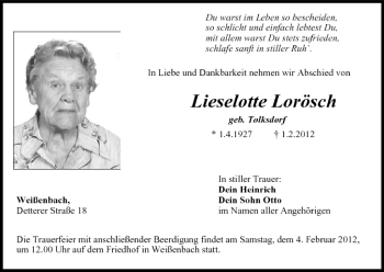 Anzeige von Lieselotte Lorösch von MGO