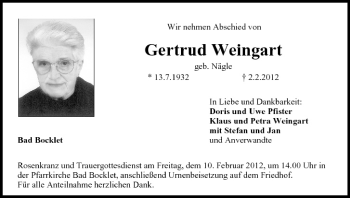 Anzeige von Gertrud Weingart von MGO