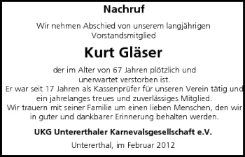 Anzeige von Kurt Gläser von MGO