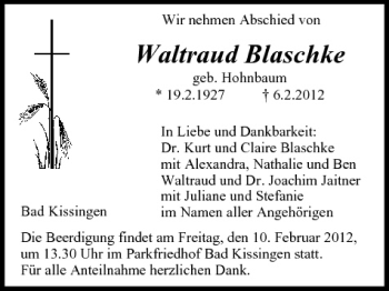 Anzeige von Waltraud Blaschke von MGO