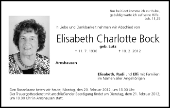 Anzeige von Elisabeth Charlotte Bock von MGO