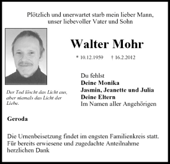 Anzeige von Walter Mohr von MGO