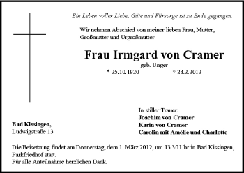 Anzeige von Irmgard von Cramer von MGO