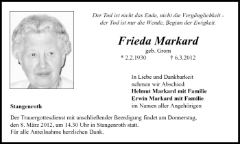 Anzeige von Frieda Markard von MGO