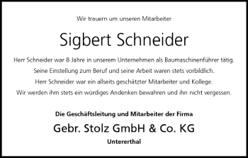 Anzeige von Sigbert Schneider von MGO