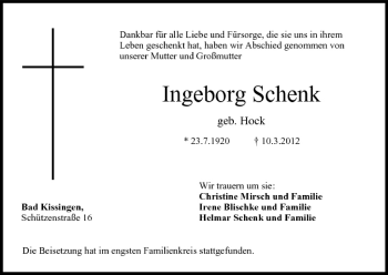 Anzeige von Ingeborg Schenk von MGO