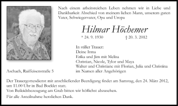 Anzeige von Hilmar Höchemer von MGO