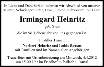 Anzeige von Irmingard Heinritz von MGO