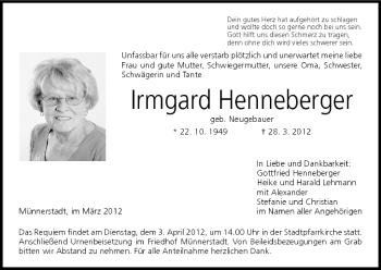 Anzeige von Irmgard Henneberger von MGO