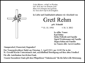 Anzeige von Gretl Rehm von MGO