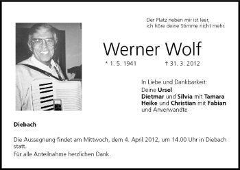 Anzeige von Werner Wolf von MGO