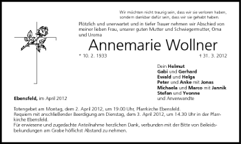 Anzeige von Annemarie Wollner von MGO
