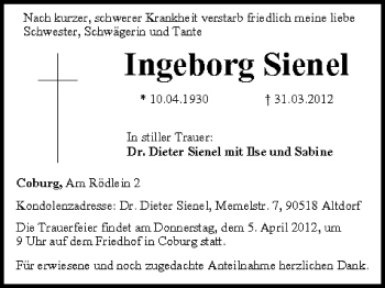 Anzeige von Ingeborg Sienel von MGO