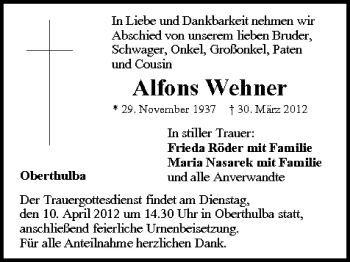 Anzeige von Alfons Wehner von MGO