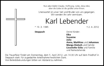 Anzeige von Karl Lebender von MGO