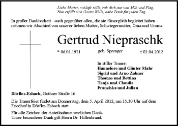 Anzeige von Gertrud Niepraschk von MGO