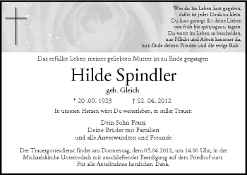 Anzeige von Hilde Spindler von MGO