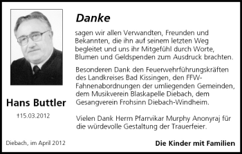 Anzeige von Hans Buttler von MGO