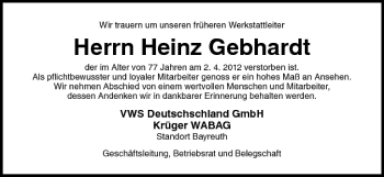 Anzeige von Heinz Gebhardt von MGO