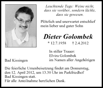 Anzeige von Dieter Golombek von MGO