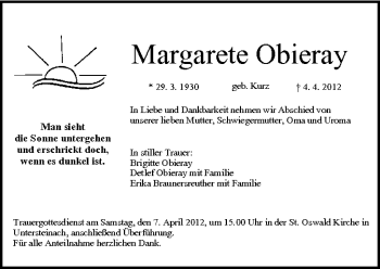 Anzeige von Margarete Obieray von MGO