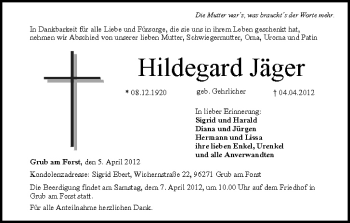 Anzeige von Hildegard Jäger von MGO