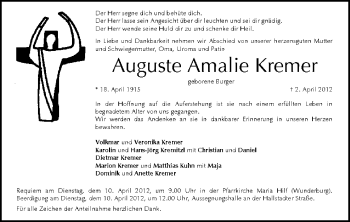 Anzeige von Auguste Amalie Kremer von MGO