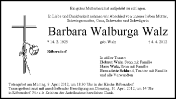 Anzeige von Barbara Walburga Walz von MGO