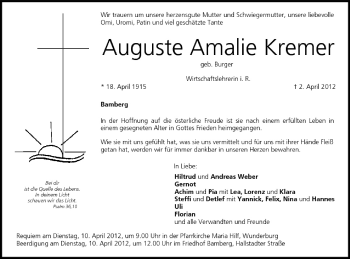 Anzeige von Auguste Amalie Kremer von MGO