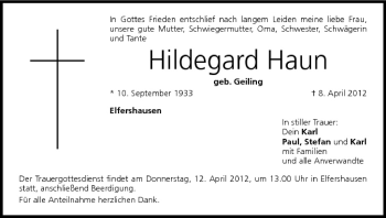 Anzeige von Hildegard Haun von MGO