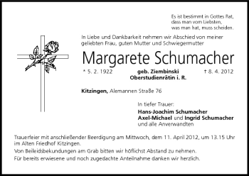 Anzeige von Margarete Schumacher von MGO