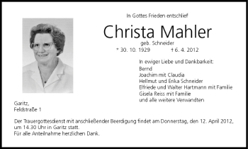 Anzeige von Christa Mahler von MGO