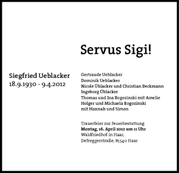 Anzeige von Siegfried Ueblacker von MGO