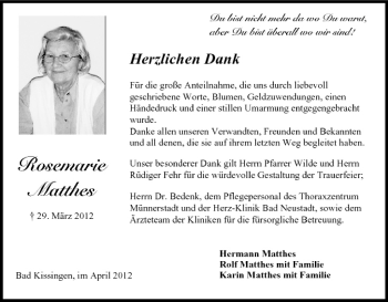 Anzeige von Rosemarie Matthes von MGO