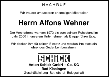 Anzeige von Alfons Wehner von MGO