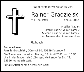 Anzeige von Rainer Gradzielski von MGO