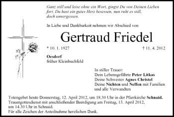 Anzeige von Gertraud Friedel von MGO
