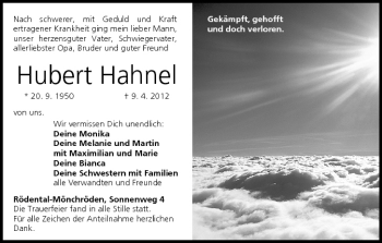 Anzeige von Hubert Hahnel von MGO