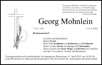 Anzeige von Georg Mohnlein von MGO