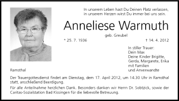 Anzeige von Anneliese Warmuth von MGO