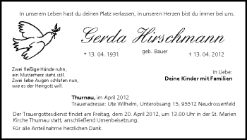 Anzeige von Gerda Hirschmann von MGO
