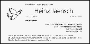 Anzeige von Heinz Jaensch von MGO