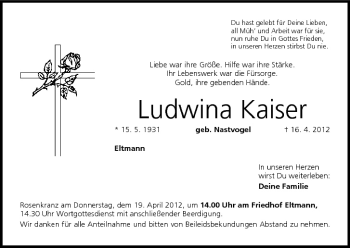 Anzeige von Ludwina Kaiser von MGO
