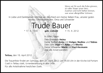 Anzeige von Trude Bauer von MGO